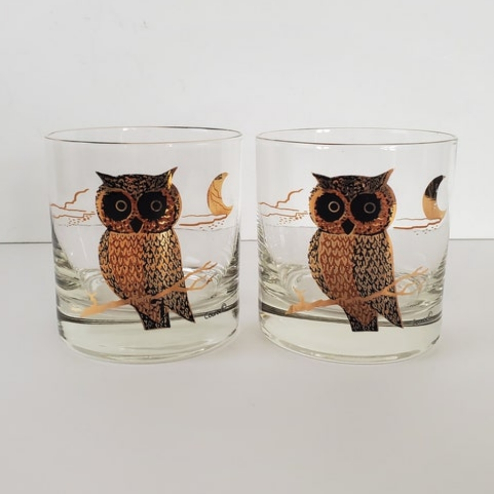Mid Century Modern Owl Glasses Vintage Barware Couroc Glasses gold rim glasses